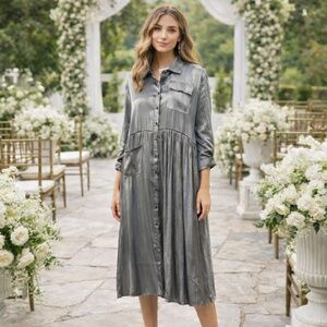 NWT Kate Hewko metallic oversized button down shirt dress one size boho guest